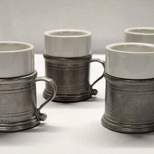 4 Vintage Wilton Armetale Pewter Coffee Mugs w Ceramic Insert